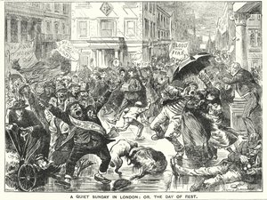 Punch rajzfilm: Egy csendes vasárnap Londonban; vagy a nyugalom napja (metszet) alkotó: Harry Furniss