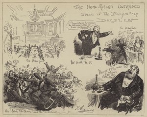 Az otthon uralkodói felháborodtak, jelenetek a dublini banketten alkotó: Harry Furniss