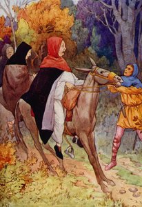 Hugó apát alig szólalt meg, amikor megragadták a gyeplőjét (színes litográfia). alkotó: Harry George Theaker