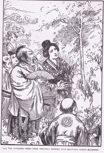 Az összes kiszáradt fát azonnal gyönyörű cseresznyevirágzás borította be (Az öregember, aki virágba borította a kiszáradt fákat) (litho). alkotó: Harry George Theaker