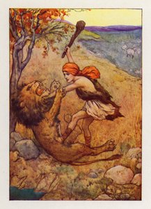 Dávid elkapta a nagy fenevadat és megölte (színes litográfia)