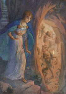 Freyja a törpék barlangjában, a "Freyja nyakláncából" (színes litográfia) alkotó: Harry George Theaker