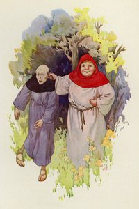 Tuck szerzetes a fülénél fogva vezet egy sovány, szerencsétlen szerzetest (színes lithó) alkotó: Harry George Theaker