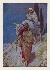 József felkelt, fogta a kisgyermeket és anyját éjszaka, és elindult Egyiptomba (színes litográfia). alkotó: Harry George Theaker
