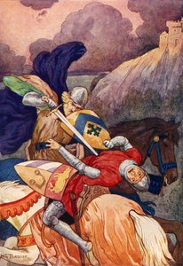 Arthur király mellbe szúrja ellenségét (színes litográfia) alkotó: Harry George Theaker