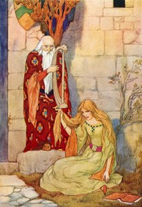 Merlin hárfázik Nimue tündérrel (színes litográfia) alkotó: Harry George Theaker