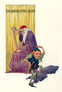 Kistáncosok és törpék szórakoztatják a királyt (színes litográfia) alkotó: Harry George Theaker