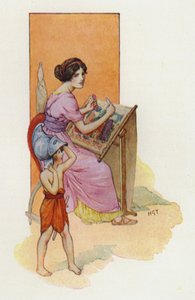 Pénelopé a fiával, Telemakhosszal (színes litográfia)