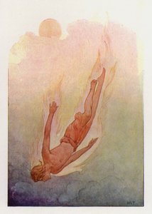 Phaeton lángoló hajjal egy mély, hűvös folyóba zuhan (színes litográfia) alkotó: Harry George Theaker