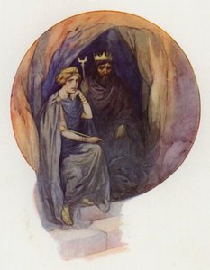 Proserpine hosszú fekete ruhába öltözve ül egy nagy fekete trónon, mellette a vad fekete király (színes litográfia). alkotó: Harry George Theaker