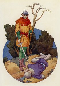 Robin hazavágott, és egyetlen nagy ütéssel holtan találta Guy of Gisborne-t (színes litográfia). alkotó: Harry George Theaker