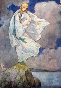 Egy nagy szürke sziklára vitte a gyereket (színes litho). alkotó: Harry George Theaker
