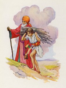 Ábrahám és Izsák egymás mellett másztak fel a meredek ösvényen (színes lithó) alkotó: Harry George Theaker