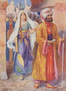 Szindbád ajándékokat hoz a kalifának, illusztráció a "Gyermekmesék az Ezeregyéjszaka történeteiből" című könyvből, Rose Yeatman Woolf, 1920 körül (színes litográfia). alkotó: Harry George Theaker