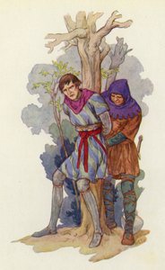 "Vedd le azt a vasfazekat a fejéről", kiáltotta Robin, "és kösd egy fához" (színes lithó). alkotó: Harry George Theaker