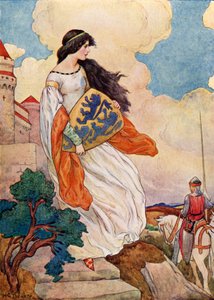Iseult hercegnő Sir Tristram of Lyonesse pajzsával (színes litográfia) alkotó: Harry George Theaker