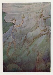 A tengeri király csillogó szekerén, amelyet zöld lovak húznak (színes litográfia) alkotó: Harry George Theaker