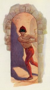 Az első közülük deréktól felfelé csupasz volt, és fekete maszkot viselt (színes litográfia). alkotó: Harry George Theaker