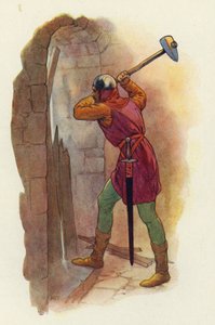 A kalapács újra lendült, és egy második csapással kitörte őket (színes litográfia). alkotó: Harry George Theaker