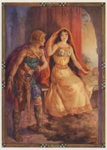 "A hölgy fedetlen arccal", Az utálatos hölgy és a vitéz lovag (színes litográfia) alkotó: Harry George Theaker