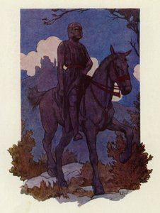 A furcsa lovag közeledett feléjük, egy nagy fekete lovon lovagolt, és teljesen feketébe volt öltözve (színes litográfia). alkotó: Harry George Theaker