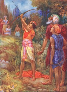 "Akkor kiálts - kiáltotta az öregember vonakodva. A kalandvágyó testvérekből, illusztráció a "Childrens Stories from Indian Legends" című kötetből, 1930-as évek (színes litográfia). alkotó: Harry George Theaker