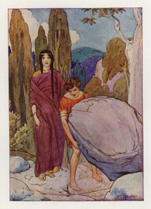 Thészeusz felemeli a nagy sziklát, amely alatt a kard és a szandál feküdt (színes litográfia). alkotó: Harry George Theaker
