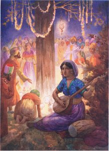 Füzérekkel, lámpákkal és zenével érkeztek. A királyok oszlopáról, illusztráció a "Childrens Stories from Indian Legends" című könyvből, 1930-as évek (színes litográfia). alkotó: Harry George Theaker