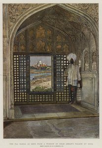 A Taj Mahal Shah Jehan palotájának ablakából nézve Agrában