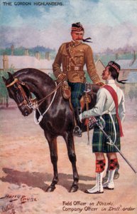 Gordon Highlanders, tereptiszt Kharkiban, cégtiszt fúrórendben (színes litho)