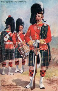 A Gordon Highlanders, őrmester, zenekaros és dobos, felülvizsgálati rendelés (színes litho)