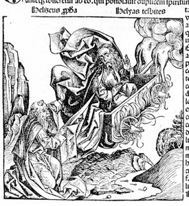 Illés tüzes szekéren kel fel, birtokát Elisére hagyja. Hartmann Schedel: Nürnbergi krónika. Nürnberg 1497 alkotó: Hartmann Schedel