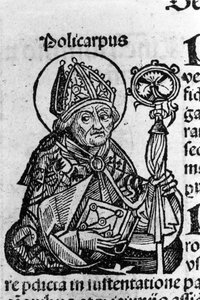 Szmirnai Szent Polikárp portréja (kb. 69-155), eveque. Metszet Schedel Hartmann (1440-1514) „Nürnbergi krónikáiból” alkotó: Hartmann Schedel