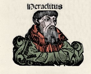 Az efézusi Hérakleitosz (Kr. e. 576-480) görög filozófus (Efezusi Herakleitosz) portréja. A „Nürnbergi krónikák” xilográfiája, Hartmann Schedel