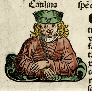 Catilina (Lucius Sergius Catilina) (Kr. e. 108-62), a Szenátus ellen összeesküdt római politikus képviselete. Metszet Hartmann Schedel „” Liber chronicarum”-ból