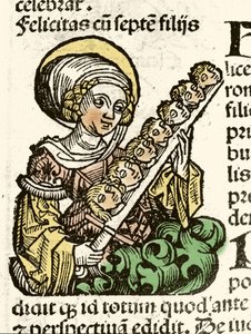 Szent Felicite, vértanúság ábrázolása Rómában hét gyermeke fejével. Hartmann Schedel xilográfiája „” Nürnbergi krónikák””” 1493. alkotó: Hartmann Schedel