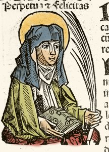 Szent Perpetuus ábrázolása, mártíromság Karthágóban. Hartmann Schedel xilográfiája „” Nürnbergi krónikák”” 1493. alkotó: Hartmann Schedel