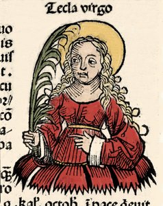 A Szűz és a vértanúság ábrázolása Ikónium (Santa Tecla) „Nürnbergi krónikák” xilográfiája, Hartmann Schedel alkotó: Hartmann Schedel