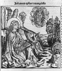 Szent János evangélista ábrázolása. Hartmann Schedel „Liber chronicarum” (nürnbergi krónikák) metszete, 1493 alkotó: Hartmann Schedel