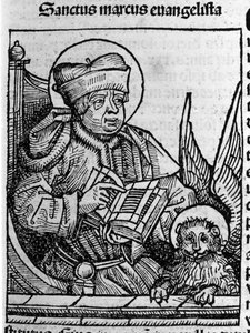 Szent Márk evangélista ábrázolása. Hartmann Schedel „Liber chronicarum” (nürnbergi krónikák) metszete, 1493 alkotó: Hartmann Schedel