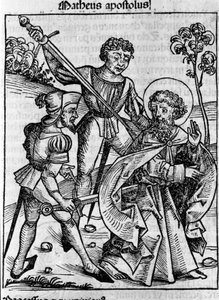 Szent Máté evangélista ábrázolása. Hartmann Schedel „Liber chronicarum” (nürnbergi krónikák) metszete, 1493 alkotó: Hartmann Schedel