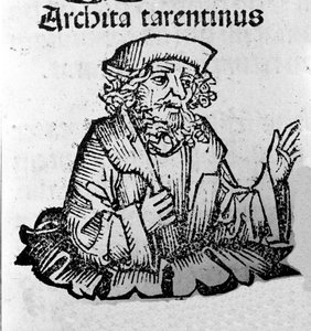 Tarantói Architas görög filozófus (Kr. e. 435-347) pitagoricus filozófus, matematikus, csillagász. A „Nürnbergi krónikák” xilográfiája, Hartmann Schedel