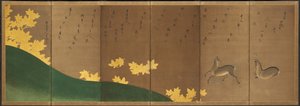Szarvas juharokkal, 1605-10 körül (hatlapos hajtogatott vászon: tinta, szín és arany, papír) alkotó: Hasagawa & Sodon Tetsuzan (1531 1617) (attr.) Tohaku