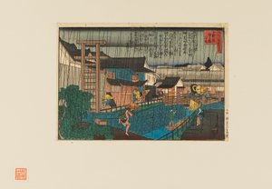 Woodblock print – Esős jelenet a kita-sincsiben Oszakában. Emberek esernyővel, XIX