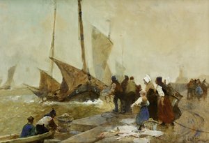 Egy forgalmas rakpart Bretagne-ban, horgászcsónakokkal,