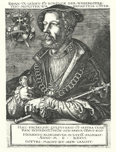 Leideni János, a holland anabaptista vezetője és az 1534-1535-ös münsteri lázadás egyik vezetője (metszet) alkotó: Heinrich (after) Aldegrever