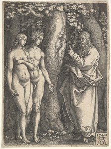 Isten a jobb oldalon megtiltja a meztelen Ádámnak és Évának balra, hogy egyenek a tudás fájáról..., 1540. alkotó: Heinrich Aldegrever