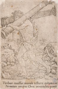 Hercules Carrying the Columns of Gades, a sorozatból:  Herkules fáradozásai (12) alkotó: Heinrich Aldegrever