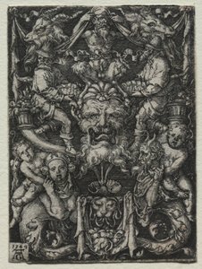 Dísztervezés maszkkal, néhány tritonnal és két gyerekkel lent, 1549. alkotó: Heinrich Aldegrever