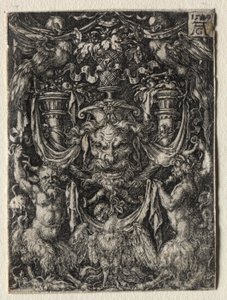 Dísztervezés maszkkal és sassal két faun között lent alkotó: Heinrich Aldegrever